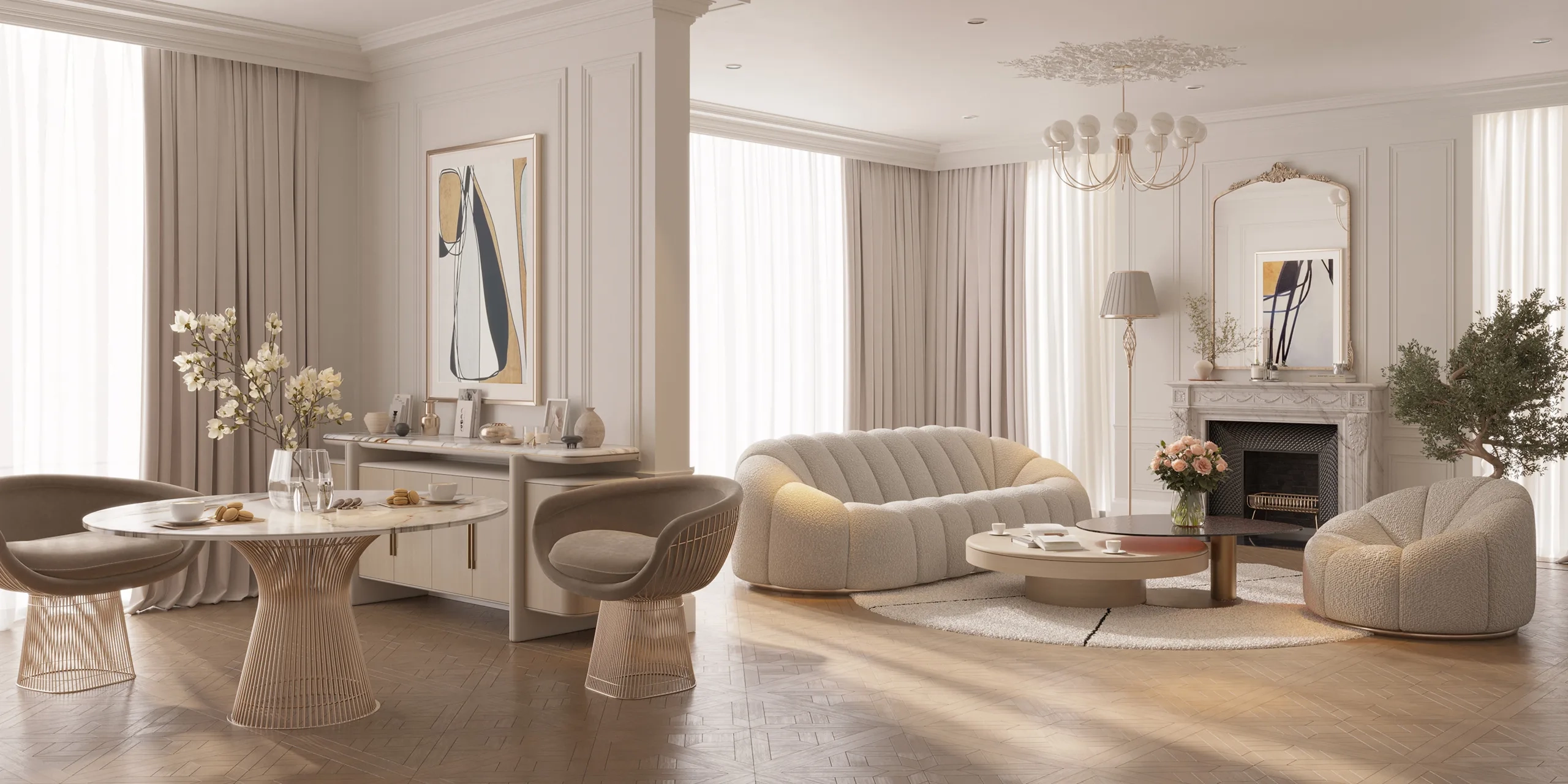 Elegant classic-modern living room with soft neutral tones, sculptural boucle sofas, and a marble fireplace reflecting natural morning light – Maison Révèle interior.