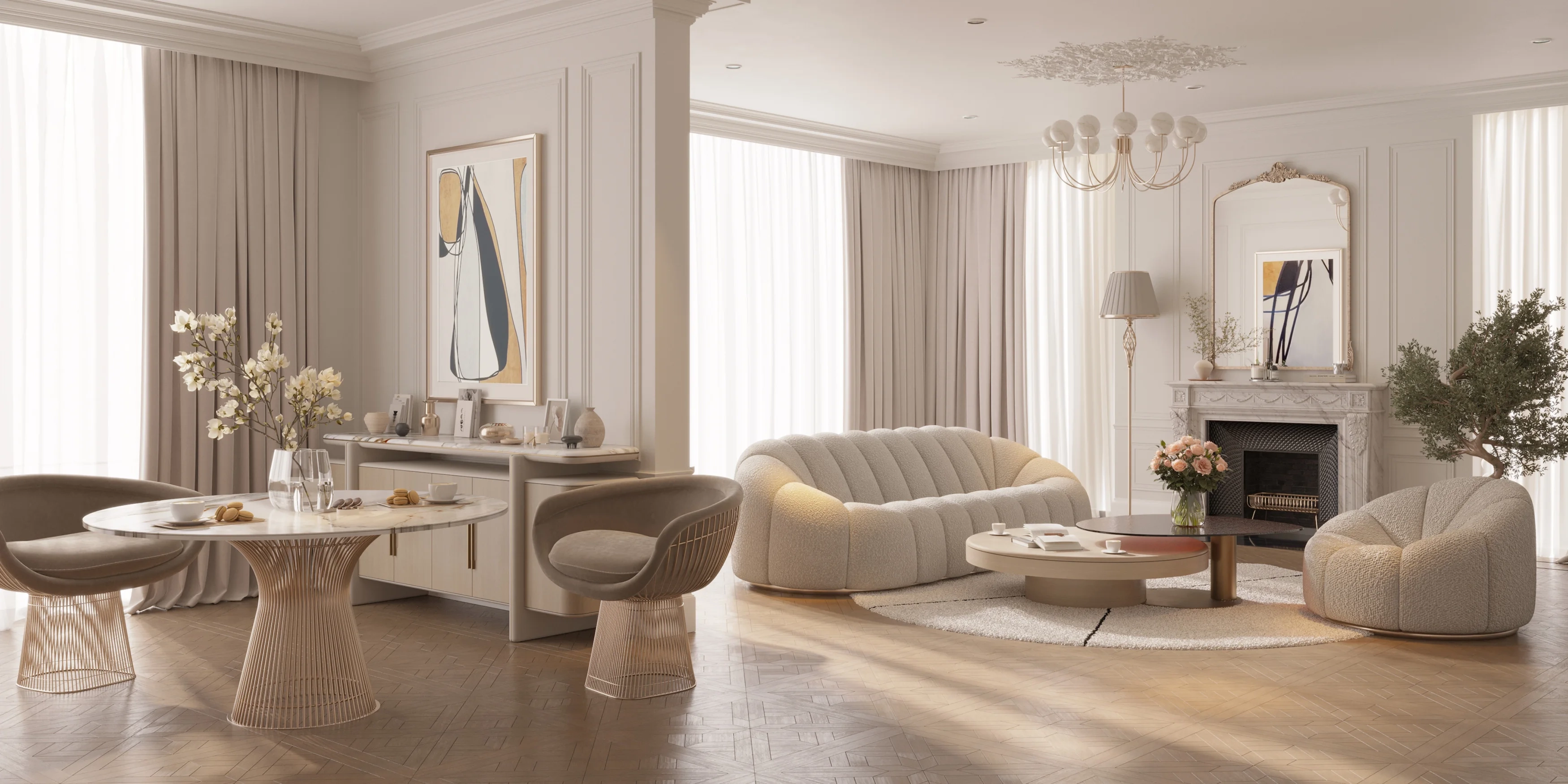 Refined classic-modern living room with blush-toned curved armchairs, marble fireplace, and elegant round mirror – soft daylight evokes timeless serenity – Maison Révèle interior.