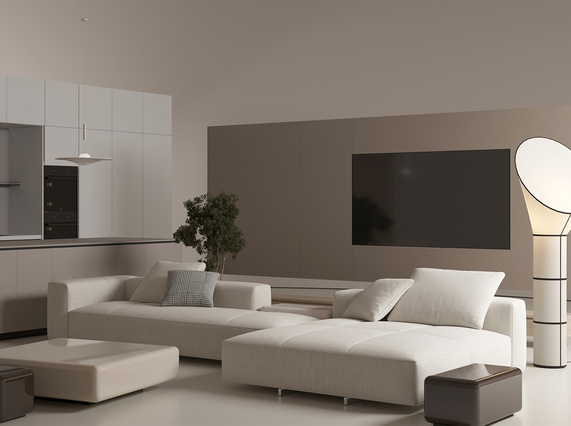 Refined classic-modern living room with blush-toned curved armchairs, marble fireplace, and elegant round mirror – soft daylight evokes timeless serenity – Maison Révèle interior.