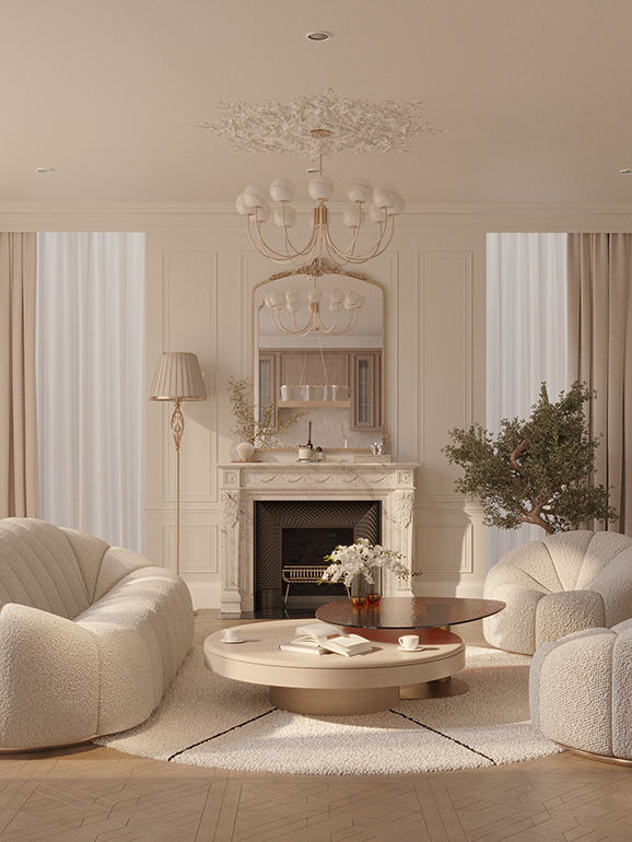 Elegant cream-toned salon with a sculptural chandelier, marble fireplace, and circular coffee tables — a serene interior by Maison Révèle inspired by softness and symmetry.