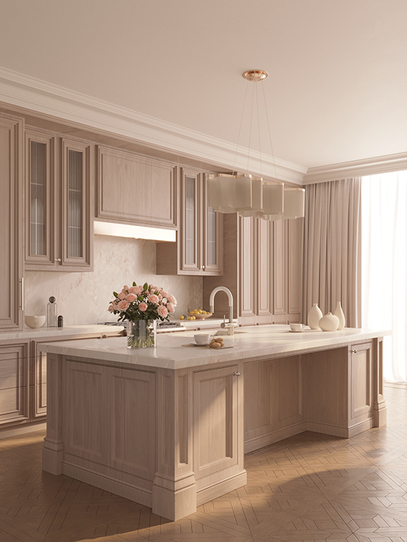 Refined light-wood kitchen with a large marble island, soft drapery, and warm morning light — featuring Maison Révèle's signature blend of elegance and calm.