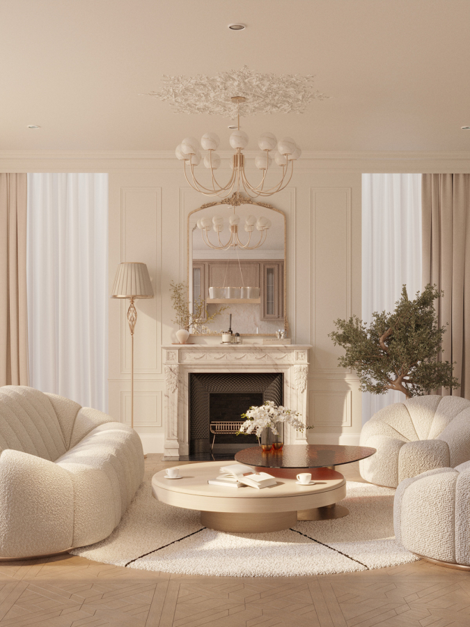 Refined light-wood kitchen with a large marble island, soft drapery, and warm morning light — featuring Maison Révèle's signature blend of elegance and calm.