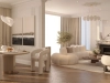 Elegant classic-modern living room with soft neutral tones, sculptural boucle sofas, and a marble fireplace reflecting natural morning light – Maison Révèle interior.