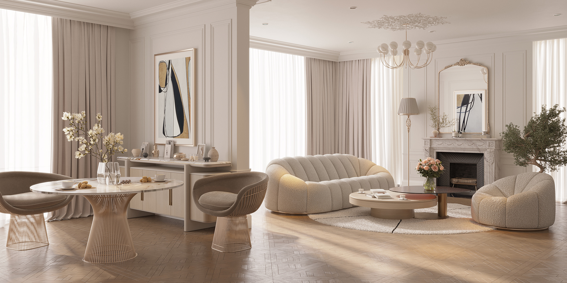 Elegant classic-modern living room with soft neutral tones, sculptural boucle sofas, and a marble fireplace reflecting natural morning light – Maison Révèle interior.