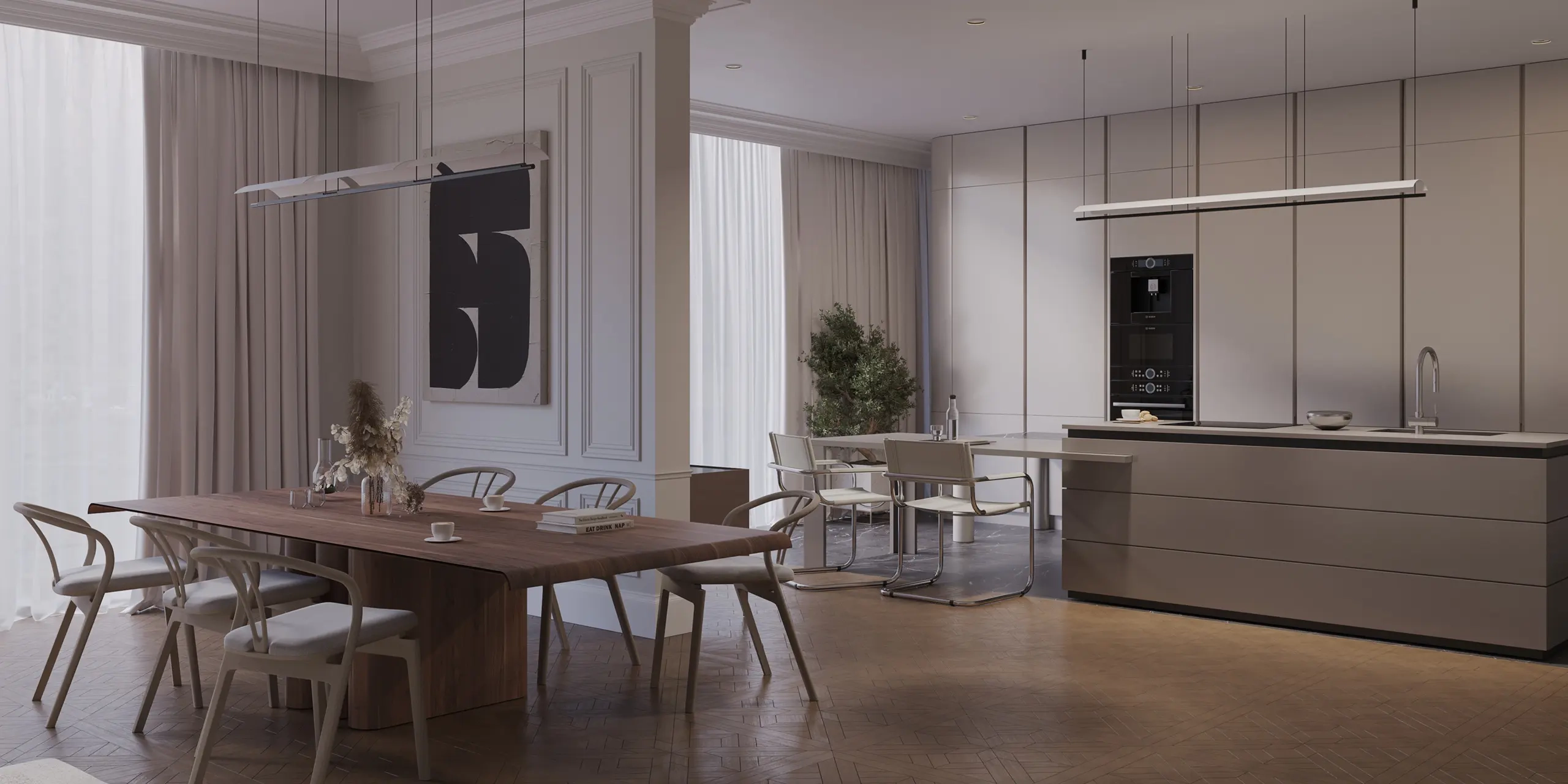 Elegant beige-toned kitchen with marble island, sculptural chairs, and soft curtain backdrop – featuring modern lighting, fresh flowers, and Maison Révèle's signature refined minimalism.