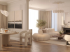 Refined classic-modern living room with blush-toned curved armchairs, marble fireplace, and elegant round mirror – soft daylight evokes timeless serenity – Maison Révèle interior.