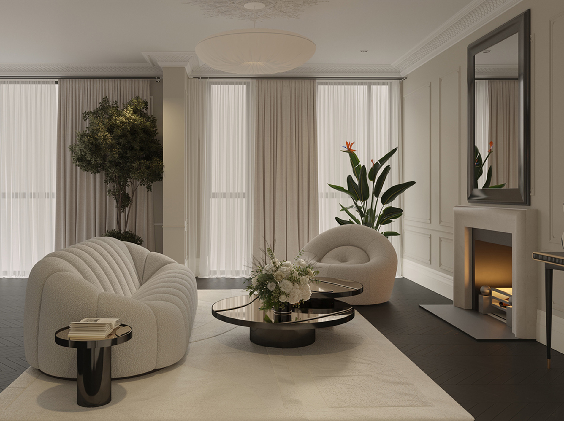 Refined classic-modern living room with blush-toned curved armchairs, marble fireplace, and elegant round mirror – soft daylight evokes timeless serenity – Maison Révèle interior.