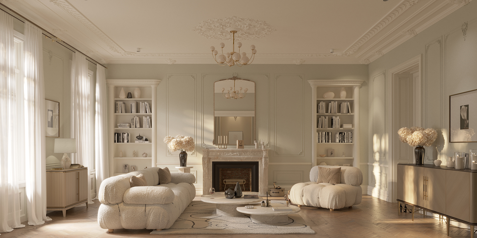 Elegant classic-modern living room with soft neutral tones, sculptural boucle sofas, and a marble fireplace reflecting natural morning light – Maison Révèle interior.