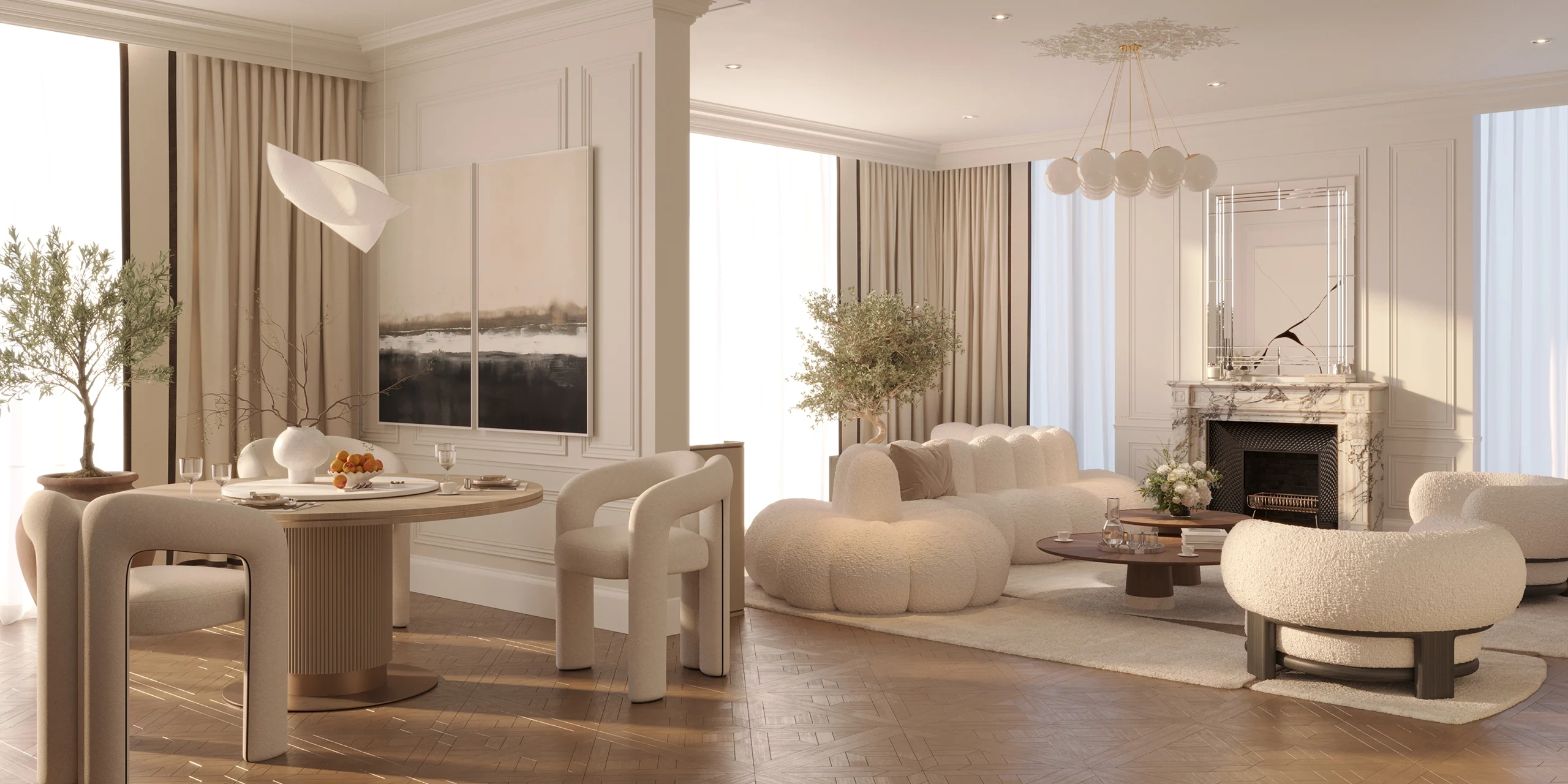 Refined classic-modern living room with blush-toned curved armchairs, marble fireplace, and elegant round mirror – soft daylight evokes timeless serenity – Maison Révèle interior.