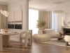 Refined classic-modern living room with blush-toned curved armchairs, marble fireplace, and elegant round mirror – soft daylight evokes timeless serenity – Maison Révèle interior.