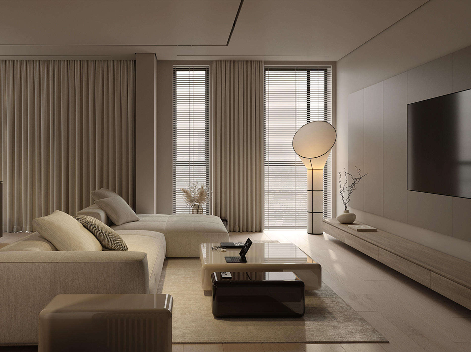 Elegant classic-modern living room with soft neutral tones, sculptural boucle sofas, and a marble fireplace reflecting natural morning light – Maison Révèle interior.