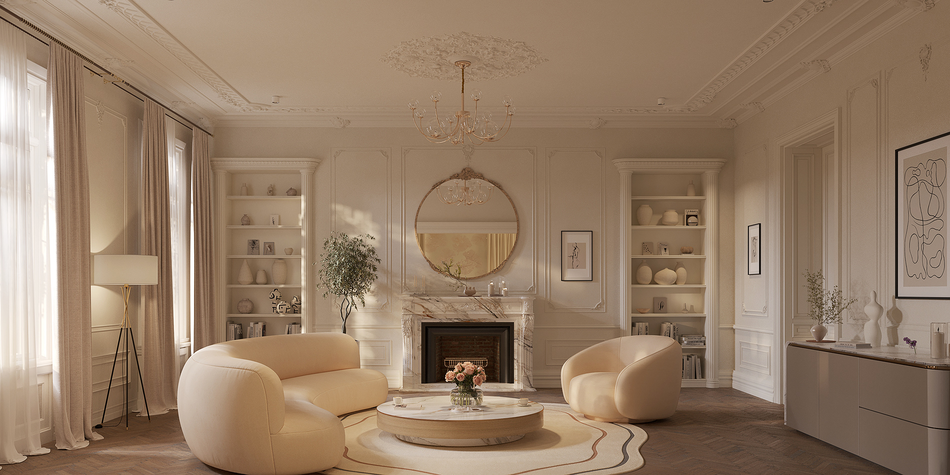 Refined classic-modern living room with blush-toned curved armchairs, marble fireplace, and elegant round mirror – soft daylight evokes timeless serenity – Maison Révèle interior.